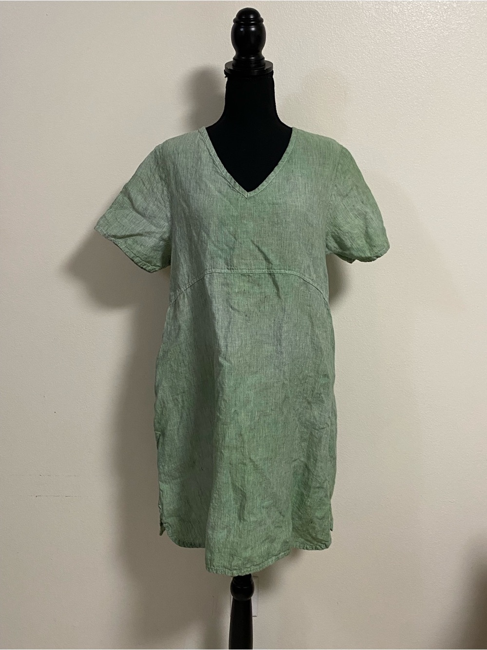 Flax Dress Women’s Size Small Green V-Neck Linen Tunic Dress Pin Stripe